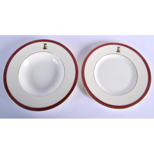 203 - 20th c.  Minton dinner plate and two dessert plates with crimson border having a crown and lion cres... 