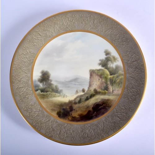 208 - Royal Worcester rare 'embossed leather' bordered plate painted with a ruins scene by G. Johnson, sig... 