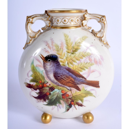 211 - Royal Worcester fine moon flask painted with chubby birds by John Hopewell, date code 1873. 13cm Hig... 