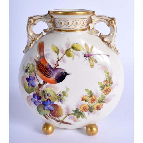 211 - Royal Worcester fine moon flask painted with chubby birds by John Hopewell, date code 1873. 13cm Hig... 