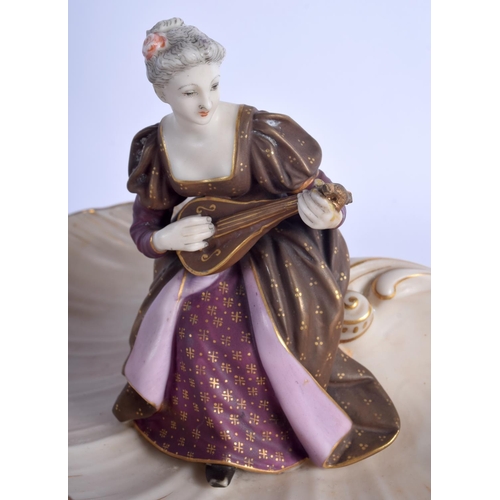 212 - Royal Worcester rare shell dish with four shell feet having a girl seated in the centre playing an i... 