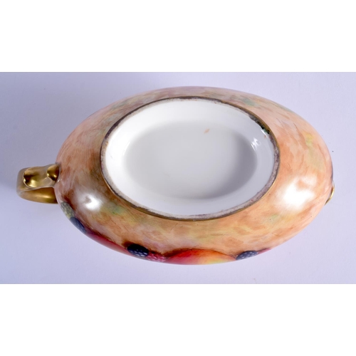 217 - Ex-Royal Worcester artist Frank Higgins sauceboat painted with fruit, signed, late 20th c.19cm Long ... 