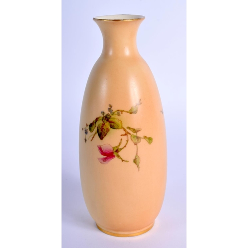 218 - Royal Worcester blush ivory vase painted with roses and a lily, date code 1914. 14.5cm High