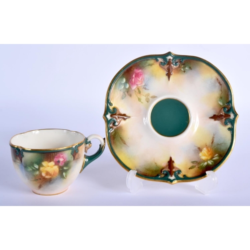 219 - Hadley's Worcester shaped cup and saucer with coloured clay moulding painted with roses c. 1890's ma... 