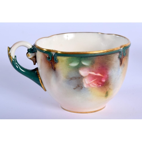 219 - Hadley's Worcester shaped cup and saucer with coloured clay moulding painted with roses c. 1890's ma... 