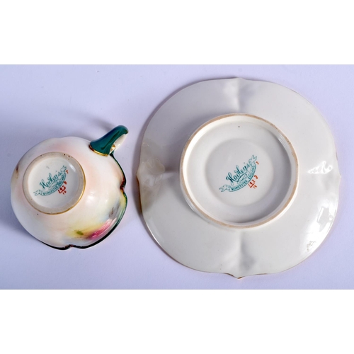 219 - Hadley's Worcester shaped cup and saucer with coloured clay moulding painted with roses c. 1890's ma... 