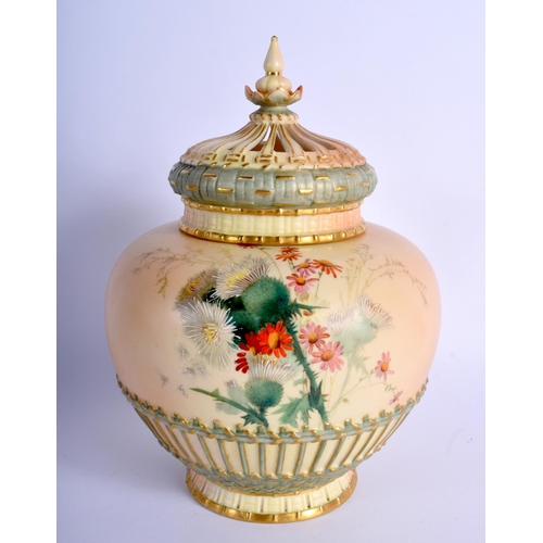 222 - Royal Worcester blush ivory pot pourri and two covers painted with thistles in the manner of Edward ... 