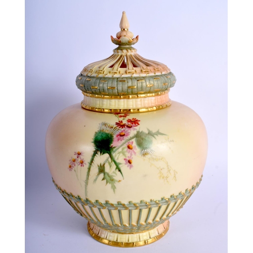 222 - Royal Worcester blush ivory pot pourri and two covers painted with thistles in the manner of Edward ... 