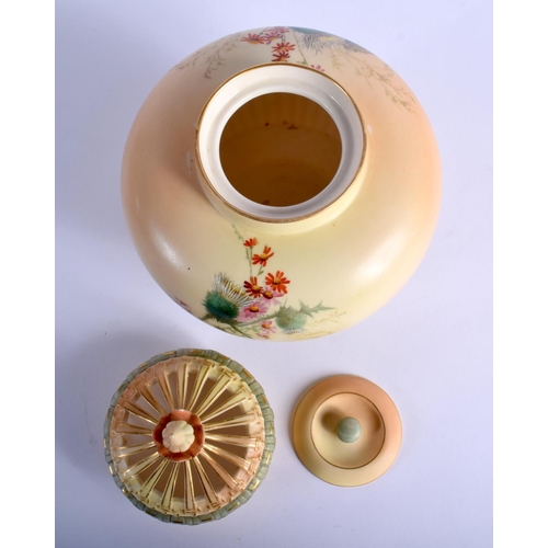222 - Royal Worcester blush ivory pot pourri and two covers painted with thistles in the manner of Edward ... 