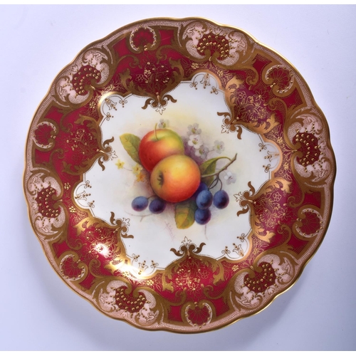 223 - Royal Worcester plate painted with fruit by A. Shuck signed, under a crimson and highly gilt border ... 
