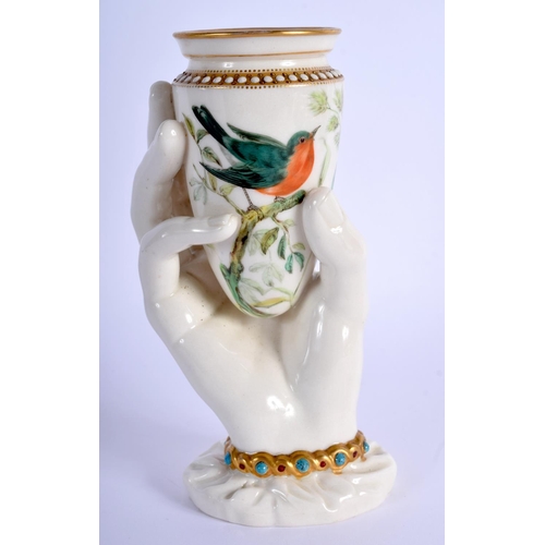 226 - Royal Worcester rare hand shaped jewelled vase painted with a bird on a leafy branch by John Hopewel... 