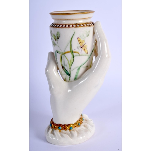 226 - Royal Worcester rare hand shaped jewelled vase painted with a bird on a leafy branch by John Hopewel... 