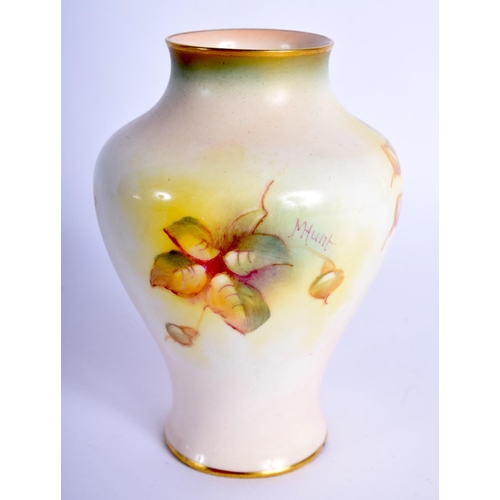 253 - Royal Worcester vase painted with roses by M. Hunt, signed, black mark. 10cm High