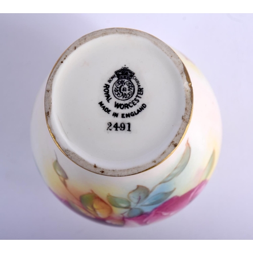 253 - Royal Worcester vase painted with roses by M. Hunt, signed, black mark. 10cm High
