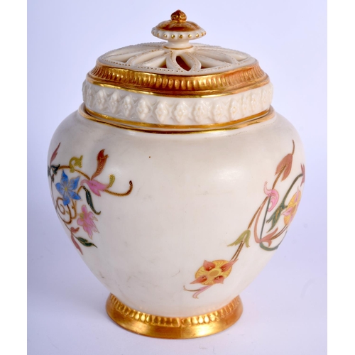 262 - Royal Worcester pot pourri vase with inner and outer cover painted abstract flowers on an ivory grou... 