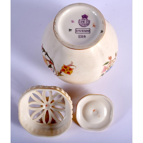 262 - Royal Worcester pot pourri vase with inner and outer cover painted abstract flowers on an ivory grou... 