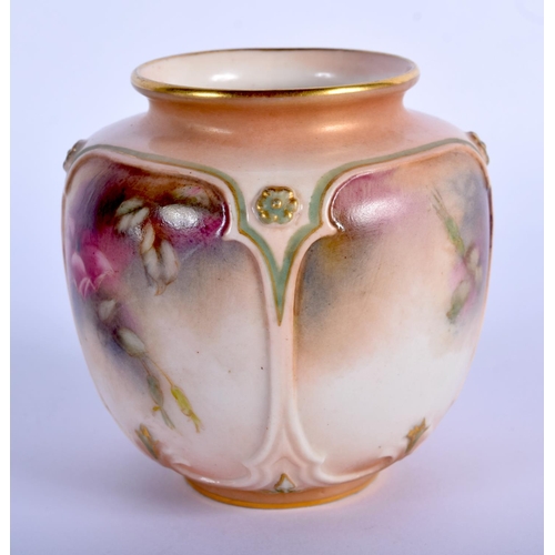 269 - Hadley Worcester vase moulded with four panels painted with roses c. 1900, J.H. & S. Mark in green. ... 