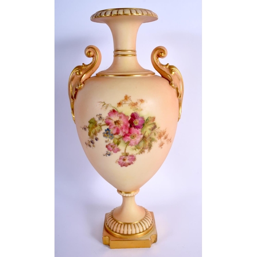 278 - Royal Worcester large two handled vase painted and gilded with flowers on a blush ivory ground, shap... 