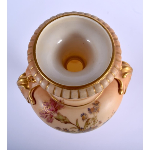 278 - Royal Worcester large two handled vase painted and gilded with flowers on a blush ivory ground, shap... 