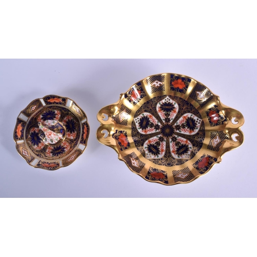 285 - Royal Crown Derby imari pattern 1128  circular pedestal dish with pierced handles and a ring stand, ... 