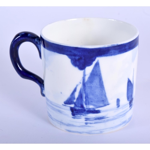 286 - Royal Crown Derby coffee can and saucer and two shaped dishes painted with sailing scenes by W E J D... 