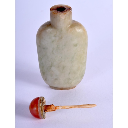310 - A 19TH CENTURY CHINESE POLISHED MATT JADEITE SNUFF BOTTLE AND STOPPER Qing, of plain form with shall... 