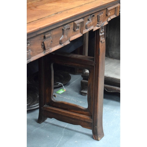 330 - A LATE 19TH CENTURY CHINESE HARDWOOD CONSOLE TABLE DECORATED WITH PRECIOUS OBJECTS AND MOTIFS.  Leng... 
