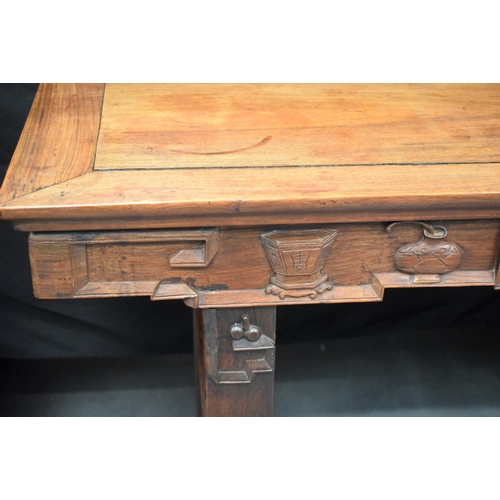 330 - A LATE 19TH CENTURY CHINESE HARDWOOD CONSOLE TABLE DECORATED WITH PRECIOUS OBJECTS AND MOTIFS.  Leng... 