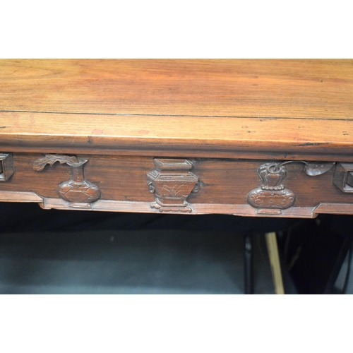 330 - A LATE 19TH CENTURY CHINESE HARDWOOD CONSOLE TABLE DECORATED WITH PRECIOUS OBJECTS AND MOTIFS.  Leng... 