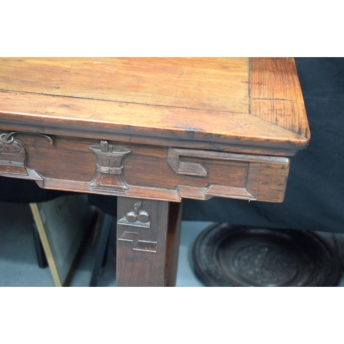 330 - A LATE 19TH CENTURY CHINESE HARDWOOD CONSOLE TABLE DECORATED WITH PRECIOUS OBJECTS AND MOTIFS.  Leng... 