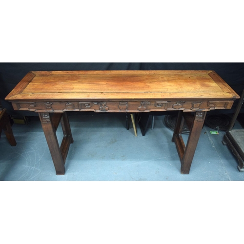 330 - A LATE 19TH CENTURY CHINESE HARDWOOD CONSOLE TABLE DECORATED WITH PRECIOUS OBJECTS AND MOTIFS.  Leng... 