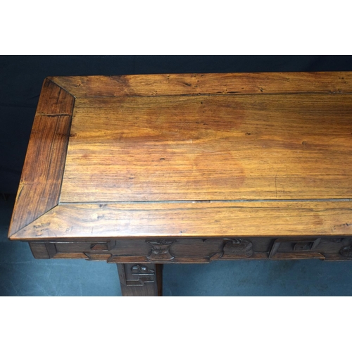 330 - A LATE 19TH CENTURY CHINESE HARDWOOD CONSOLE TABLE DECORATED WITH PRECIOUS OBJECTS AND MOTIFS.  Leng... 