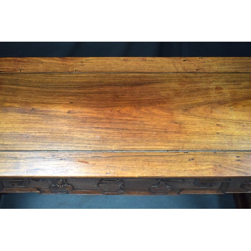 330 - A LATE 19TH CENTURY CHINESE HARDWOOD CONSOLE TABLE DECORATED WITH PRECIOUS OBJECTS AND MOTIFS.  Leng... 