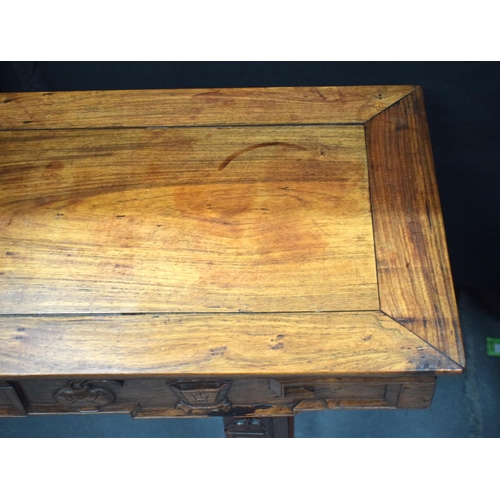 330 - A LATE 19TH CENTURY CHINESE HARDWOOD CONSOLE TABLE DECORATED WITH PRECIOUS OBJECTS AND MOTIFS.  Leng... 