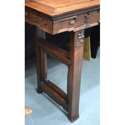 330 - A LATE 19TH CENTURY CHINESE HARDWOOD CONSOLE TABLE DECORATED WITH PRECIOUS OBJECTS AND MOTIFS.  Leng... 
