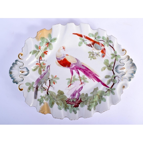 57 - AN 18TH CENTURY CHELSEA RED ANCHOR PERIOD LEAF FORM DISH painted with exotic birds. 24 cm x 18 cm.