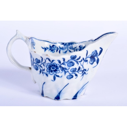 67 - AN 18TH CENTURY ENGLISH BLUE AND WHITE FLUTED CREAM BOAT Probably Derby, painted with floral sprays.... 