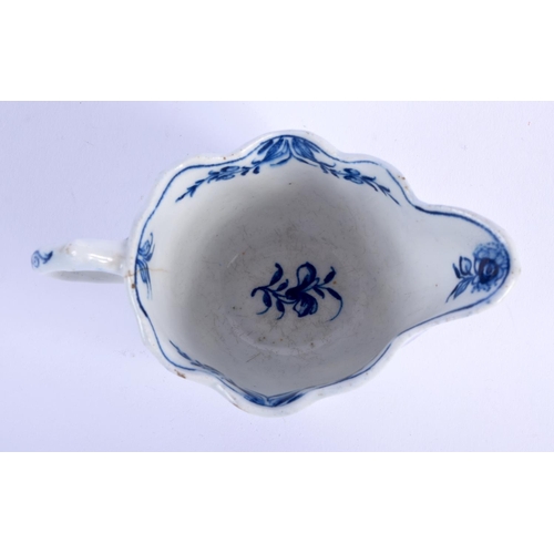 67 - AN 18TH CENTURY ENGLISH BLUE AND WHITE FLUTED CREAM BOAT Probably Derby, painted with floral sprays.... 