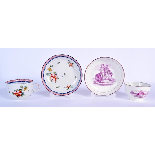 69 - A 19TH CENTURY MAGENTA SHORTHOUSE TEABOWL AND SAUCER together with a late 18th century Newhall teabo... 