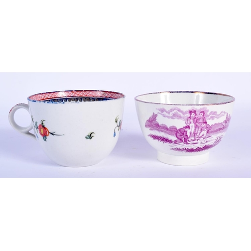 69 - A 19TH CENTURY MAGENTA SHORTHOUSE TEABOWL AND SAUCER together with a late 18th century Newhall teabo... 