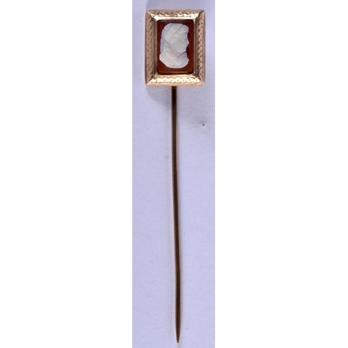 718 - A 10K GOLD CAMEO STICK PIN. 1.9 grams. 6 cm x 1 cm.