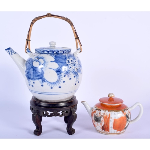 72 - TWO EARLY 20TH CENTURY JAPANESE MEIJI PERIOD TEAPOTS AND COVERS together with a stand. Largest 20 cm... 