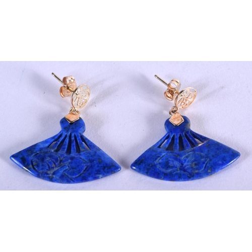 749 - A PAIR OF 14CT GOLD AND LAPIS LAZULI EARRINGS. 3 grams. 2.5 cm x 2.5 cm.