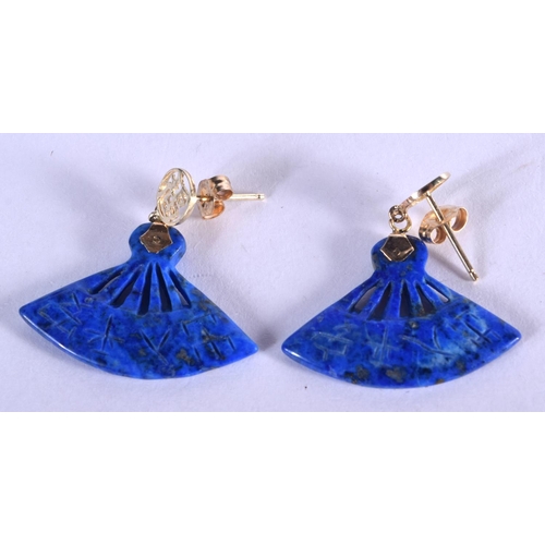 749 - A PAIR OF 14CT GOLD AND LAPIS LAZULI EARRINGS. 3 grams. 2.5 cm x 2.5 cm.