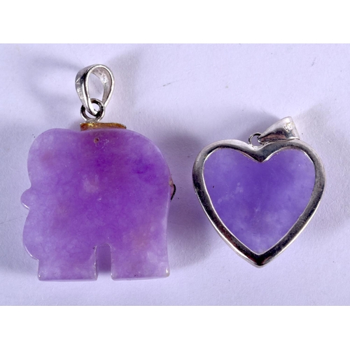 750 - TWO CHINESE SILVER AND LAVENDER JADE PENDANTS. 12 grams. Largest 3.5 cm x 2.5 cm. (2)