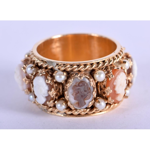 753 - A RARE 14CT GOLD CAMEO AND SEED PEARL RING. 12.5 grams. P.