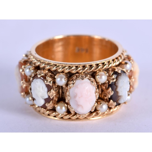 753 - A RARE 14CT GOLD CAMEO AND SEED PEARL RING. 12.5 grams. P.