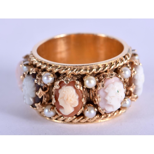 753 - A RARE 14CT GOLD CAMEO AND SEED PEARL RING. 12.5 grams. P.