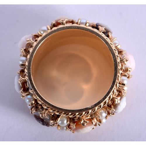 753 - A RARE 14CT GOLD CAMEO AND SEED PEARL RING. 12.5 grams. P.