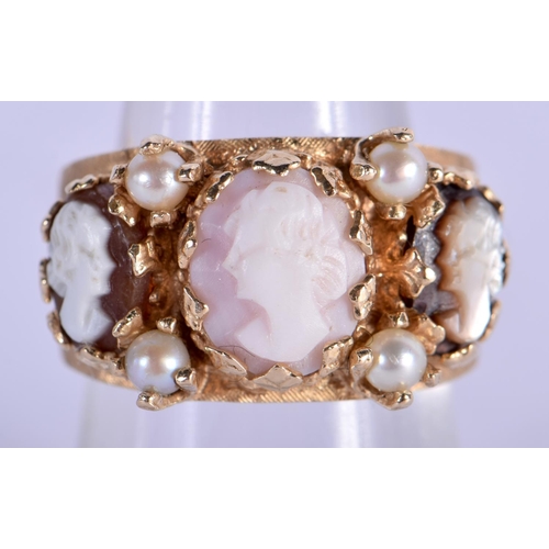 754 - A SIMILAR GOLD CAMEO AND SEED PEARL RING. 11.6 grams. N.